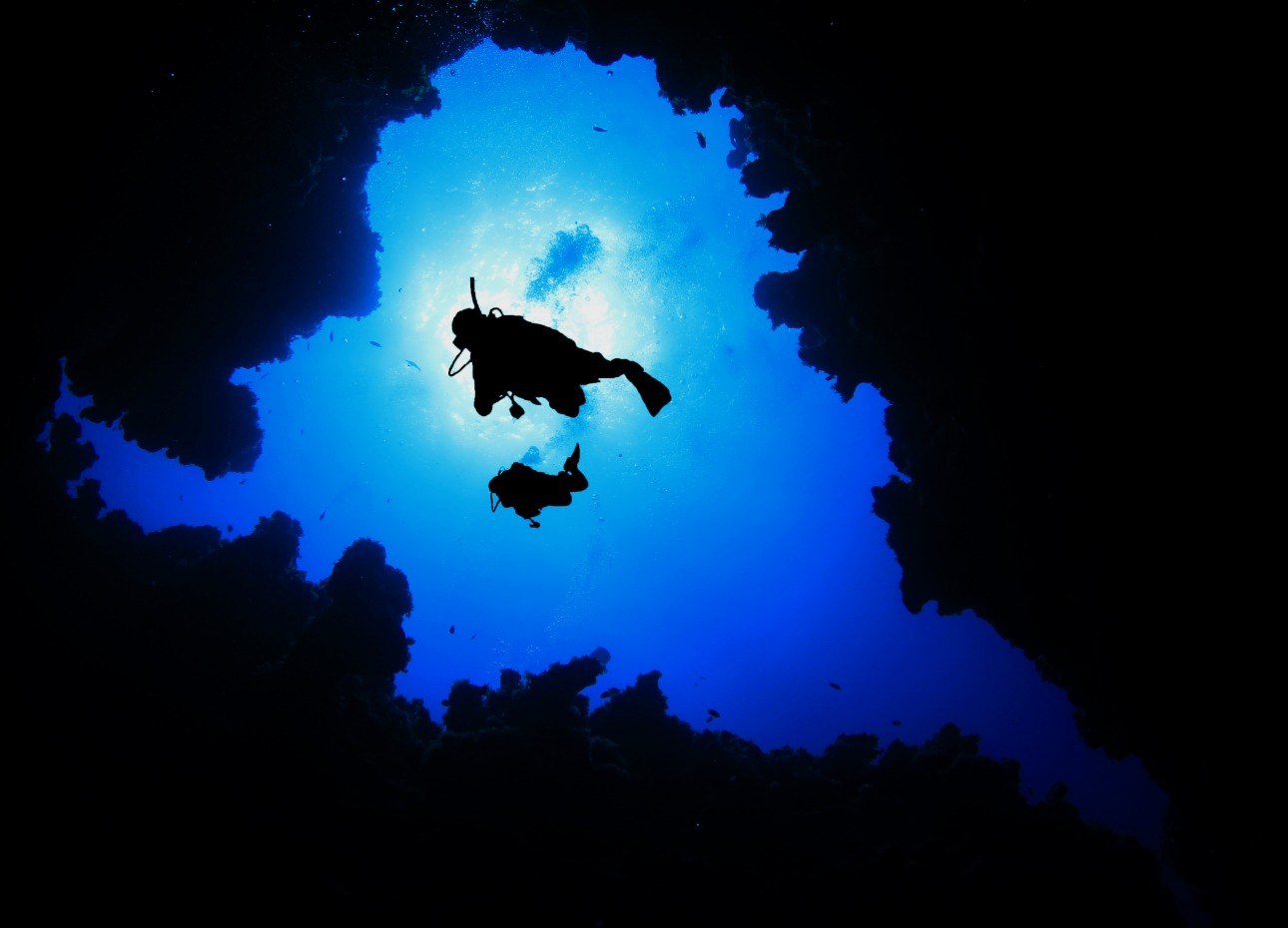 Diver swimming through a hole