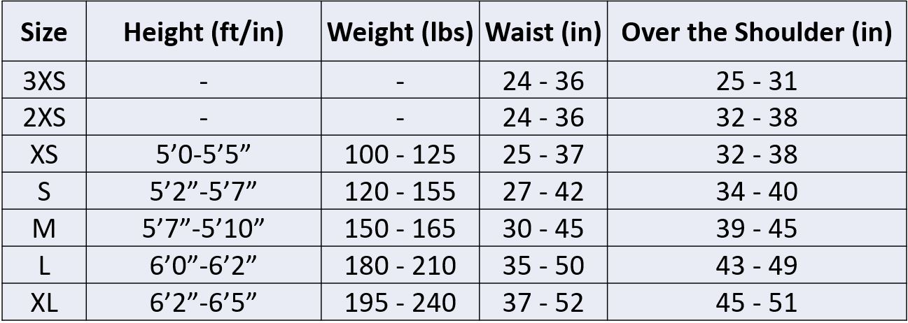 Oyster Diving School BCD Size Chart