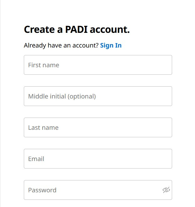 Create a PADI account registration form with name and email fields