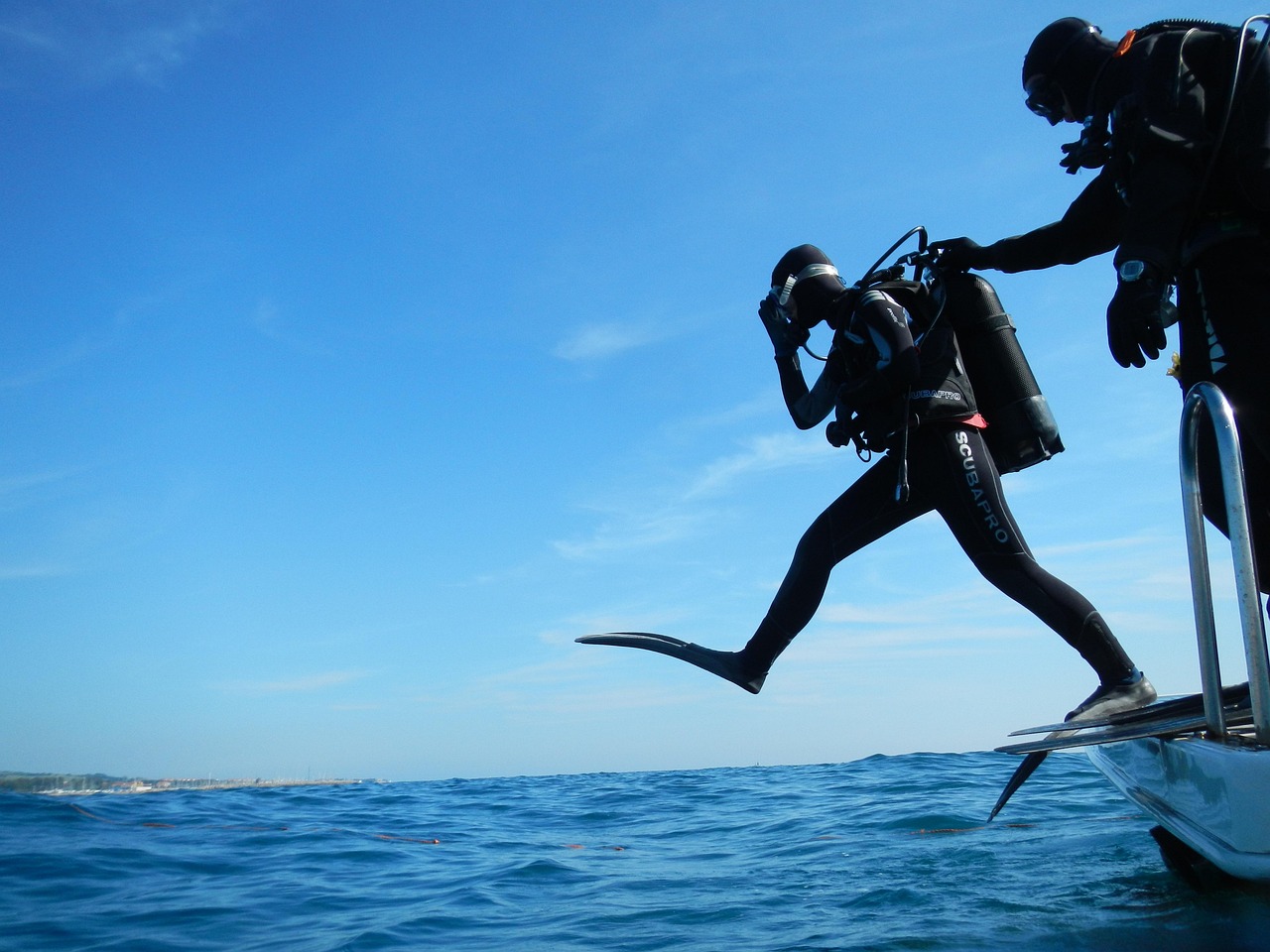 sub, diving, scuba, nature, giant step, diver, boat, sea